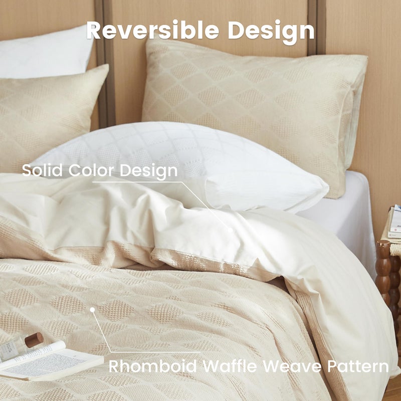BISELINA 100% Cotton Waffle Weave Duvet Cover Set Queen Size 3 Pieces (1 Duvet Cover 88"x92", 2 Pillowcases) Soft Breathable Durable Chic Bedding Set for All Season - Khaki, Queen Size - Image 5